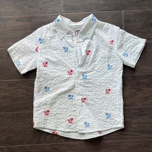 Button-Down Anchor Embroidered Short Sleeve Shirt - White
